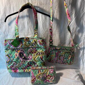 3 pc Vera Bradley Tote Bag Large & Purse & Clutch& Tutti Frutti Paisley NWT